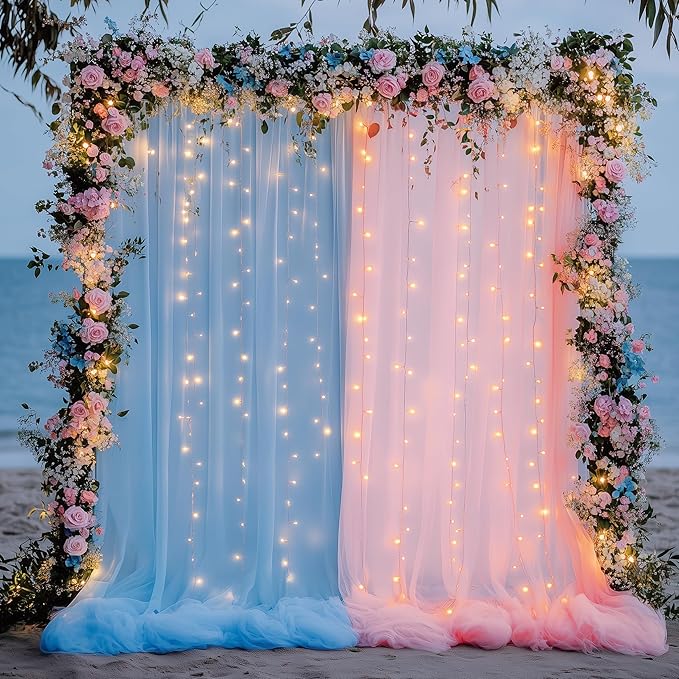 Fomcet Tulle Curtains with Lights String Pink and Blue 10FT X 10FT Sheer Backdrop Curtains for Parties Wedding Baby Shower Photo Shoot Decorations (2 Panels 5 x 10FT)