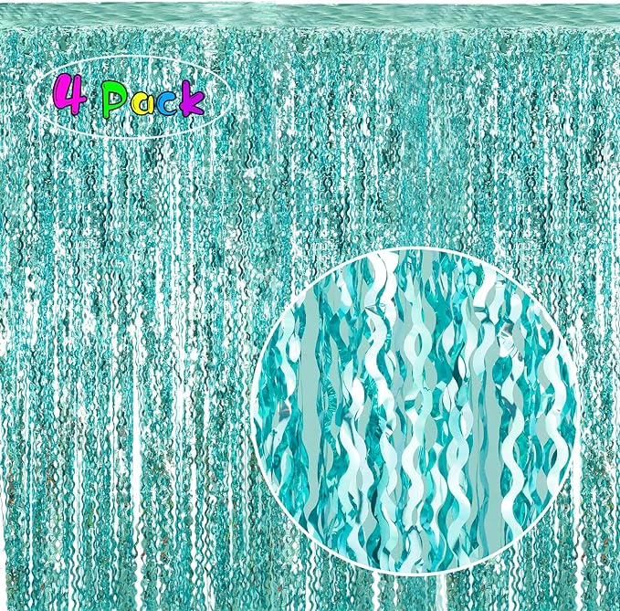 4 Pack 3.3 ft x 6.6 ft Wavy Aqua Teal Blue Tinsel Foil Fringe Curtains Backdrop - Wave Metallic Foil Curtains for Wedding Girl Princess Bachelorette Euphoria Theme Party Decoration