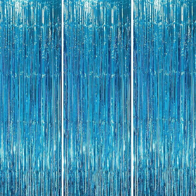 3 Pack 3.3 x 8.2 ft Retro Blue Foil Fringe Backdrop Curtains, Tinsel Streamers Party Decorations, Fringe Backdrop, Door Shimmer for Retro Theme Party