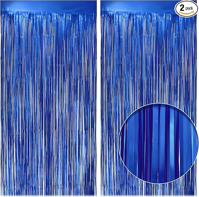 2 Pack Metallic Dark Blue Fringe Backdrop, 3.2x8.2ft Shining Foil Tinsel Curtains, Birthday Party Decorations Door Streamers for Halloween, Christmas, Wedding, Graduation, Holiday, Theme Events