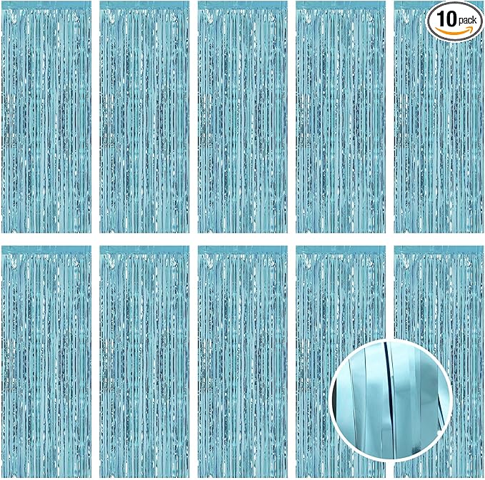 10 Pack Blue Foil Curtain Backdrop 3.2ft x 9.8ft Metallic Tinsel Foil Fringe Curtains Streamer Photo Booth Backdrop for Birthday Party Engagement Bachelorette Party Decorations (Light Blue)