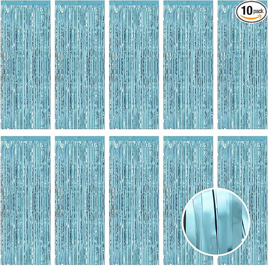 10 Pack Blue Foil Curtain Backdrop 3.2ft x 9.8ft Metallic Tinsel Foil Fringe Curtains Streamer Photo Booth Backdrop for Birthday Party Engagement Bachelorette Party Decorations (Light Blue)