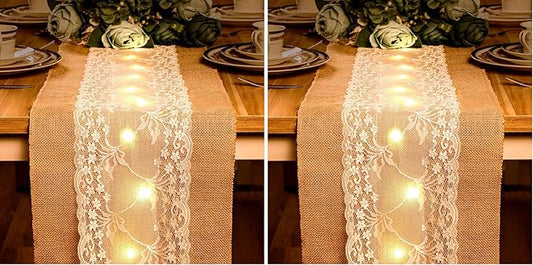 Burlap Table Runner with LED String Lights Rustic 12" x 108" Christmas Tablecloth Lighted Table Runner Farmhouse Decor for Wedding Bridal Shower Xmas Holiday (Pack of 2)