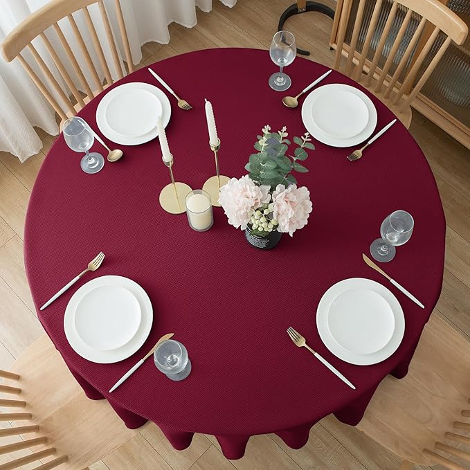 Biscaynebay Textured Fabric Christmas Round Table Cloth 90", Burgundy Water Resistant Washable Folding Table Cloths for Dining, Kitchen, Wedding & Parties Machine Washable