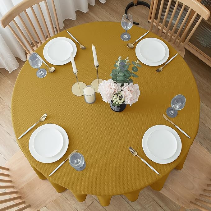 Biscaynebay Textured Fabric Christmas Round Table Cloth 90", Gold Water Resistant Washable Folding Table Covers for Dining, Kitchen, Wedding, Parties Machine Washable