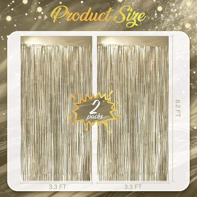 2 Pack Metallic Champagne Gold Fringe Backdrop, 3.2x8.2ft Shining Foil Tinsel Curtains, Birthday Party Decorations Door Streamers for Halloween, Christmas, Wedding, Graduation, Holiday, Theme Events