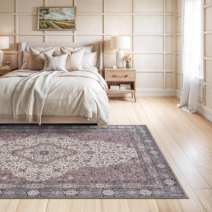 Bloom Rugs Washable Non-Slip 6' x 9' Rug - Cream/Green Traditional Medallion Area Rug for Living Room, Bedroom, Dining Room, and Kitchen - Exact Size: 6' x 9'