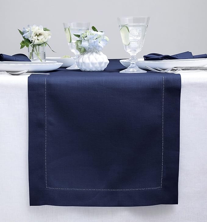 Solino Home Linen Navy Blue Table Runner 132 Inches Long - 100% Pure Linen Extra Long Table Runner 14 x 132 Inch for Fall, Autumn, Thanksgiving, Christmas - Classic Hemstitch