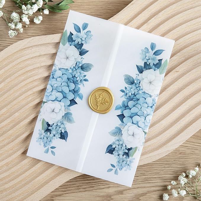 PONATIA 50PCS Vellum Jackets for 5x7 Invitation Cards- 135GSM Dusty Blue Flowers Sleeves, Vellum Paper 5x7 Jackets - Wedding Invitations Wraps - Transparent Card