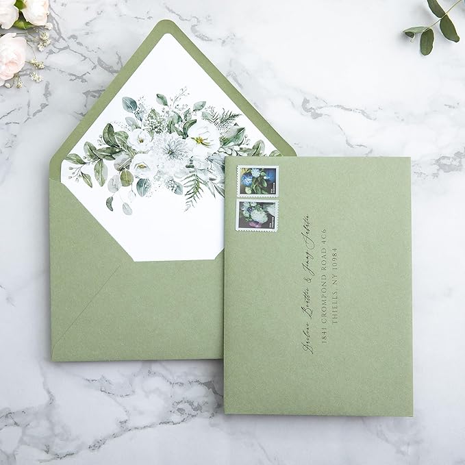 PONATIA 50PCS A7 Euro Flap Envelopes, 5.25 x 7.25'' Sage Green Flowers Liner Envelope for Wedding Invitations, Photos, Postcards, Greeting Cards, Christmas Gift, Acrylic Mailing, 5 x 7 Envelopes