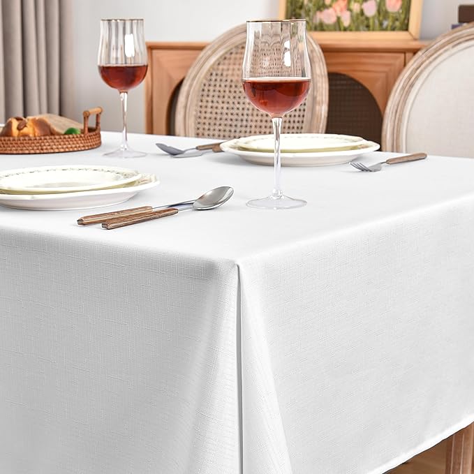 Fitable Faux Linen White Tablecloths for 8 Foot Rectangle Tables - 60 x 120 Inch - 6 Pack Fabric Textured Folding Table Clothes Faux Burlap Table Covers for Wedding, Party, Banquet, Birthday