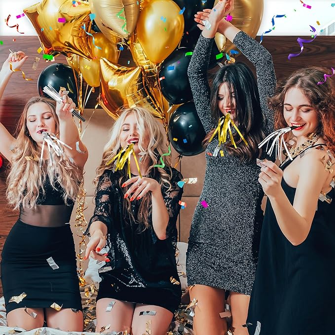 12 Pcs Glitter Noise Makers Metallic Fringed Party Blower for Adults Birthday Graduation New Years Party Favors Supplies (Silver)