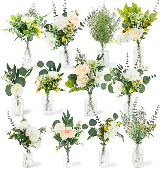 114Pcs Artificial Flowers in Vases Set, Fake Flower Greenery Stem Bulk Sets with 12Pcs Glass Bud Vases, Artificial Plants & Flowers for Wedding Centerpiece Table Decorations