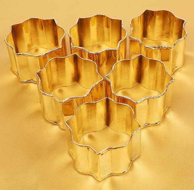 Finely Handcrafted Brass Base Beautiful Faceted Pattern Large Size Party Dining Table Napkin Holders in Gold Tone. (Set of 6).