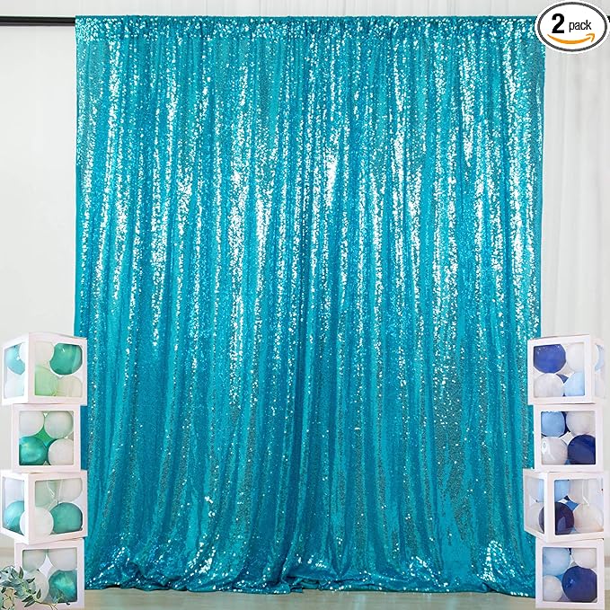 ShinyBeauty Turquoise Sequin Backdrop Curtain | 2 Panels 5Ft x 10Ft Glitter Wedding & Photography Background | Shimmer Curtains | Payette Sequin Aqua Blue Fabric Backdrop