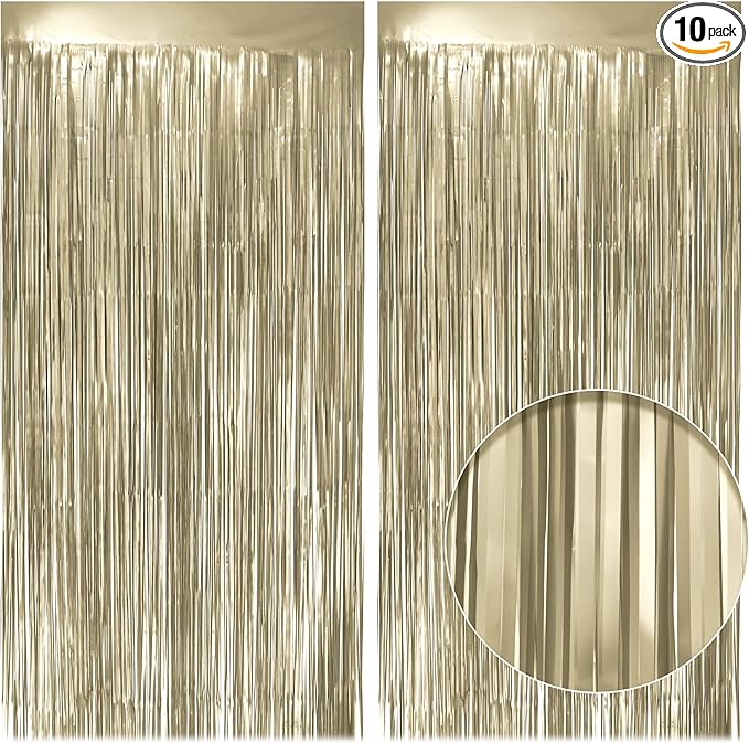 10 Pack Metallic Champagne Gold Fringe Backdrop, 3.2x8.2ft Shining Foil Tinsel Curtains, Birthday Party Decorations Door Streamers for Halloween, Christmas, Wedding, Graduation, Holiday, Theme Events