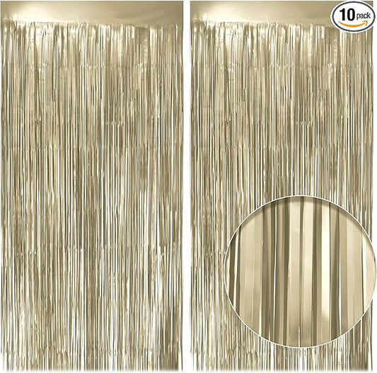 10 Pack Metallic Champagne Gold Fringe Backdrop, 3.2x8.2ft Shining Foil Tinsel Curtains, Birthday Party Decorations Door Streamers for Halloween, Christmas, Wedding, Graduation, Holiday, Theme Events