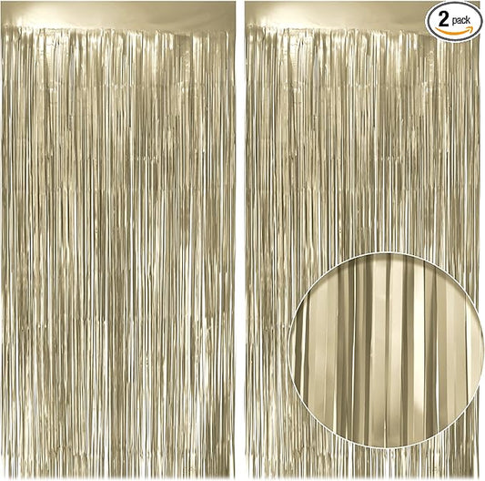 2 Pack Metallic Champagne Gold Fringe Backdrop, 3.2x8.2ft Shining Foil Tinsel Curtains, Birthday Party Decorations Door Streamers for Halloween, Christmas, Wedding, Graduation, Holiday, Theme Events