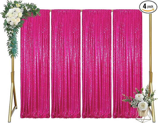 ShinyBeauty Hot Pink Sequin Glitter Photography Backdrop Curtain 4ft x10ft - 4-Panel Reusable Party Wedding Birthday Photo Booth Background Decor (Sparkling Event Backdrop)