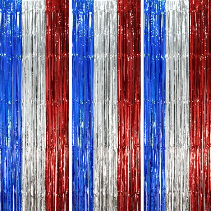 3 Pack 3.3 x 8.2 ft Blue Red Silver Foil Fringe Backdrop Curtains, Tinsel Streamers Party Decorations, Fringe Backdrop, Door Shimmer for Independence Day or Birthday Party