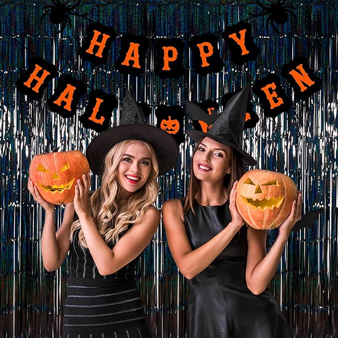 Foil Fringe Curtains Halloween Decor Indoor Party Decorations - Melsan 3 Pack 3.2 x 8.2 ft Black Tinsel Curtain Photo Backdrop for Birthday Decorations Retirement Party Decorations Black