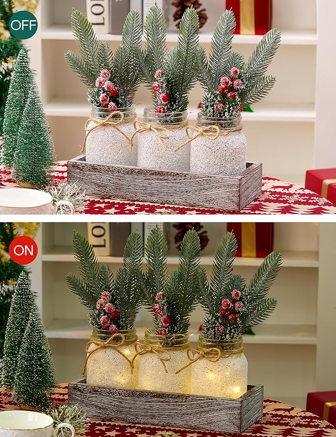 Christmas Centerpieces for Tables, Table Decor with Mason Jar, Flowers Picks, Farmhouse Wood Tray, Christmas Winter Table Decorations Centerpieces, Xmas Holiday, Kitchen, Room, Dining Decor