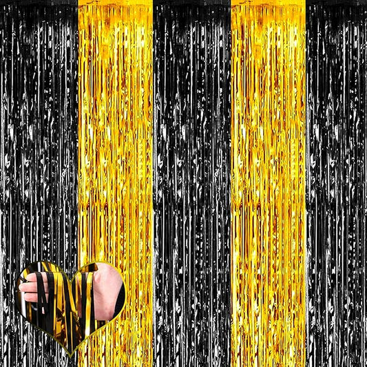 4 Pack 3.2Ft x 6.6Ft Black and Gold Fringe Curtain Backdrop, Metallic Tinsel Foil Fringe Streamers Curtains Background for Photo Booth Birthday Wedding Graduation Carnival Party Decorations