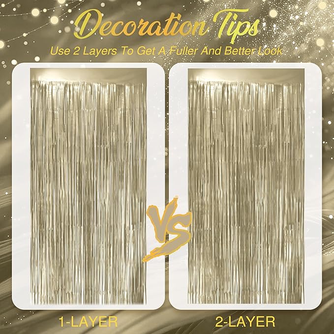 4 Pack Metallic Champagne Gold Fringe Backdrop, 3.2x8.2ft Shining Foil Tinsel Curtains, Birthday Party Decorations Door Streamers for Halloween, Christmas, Wedding, Graduation, Holiday, Theme Events