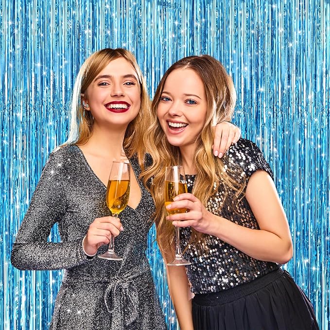 2 Pack Light Blue Metallic Tinsel Foil Fringe Curtains, Door Streamers Photo Booth Backdrop for Birthday Party, Tinsel Curtain Backdrop for Baby Shower Bachelorette Christmas Party Decorations