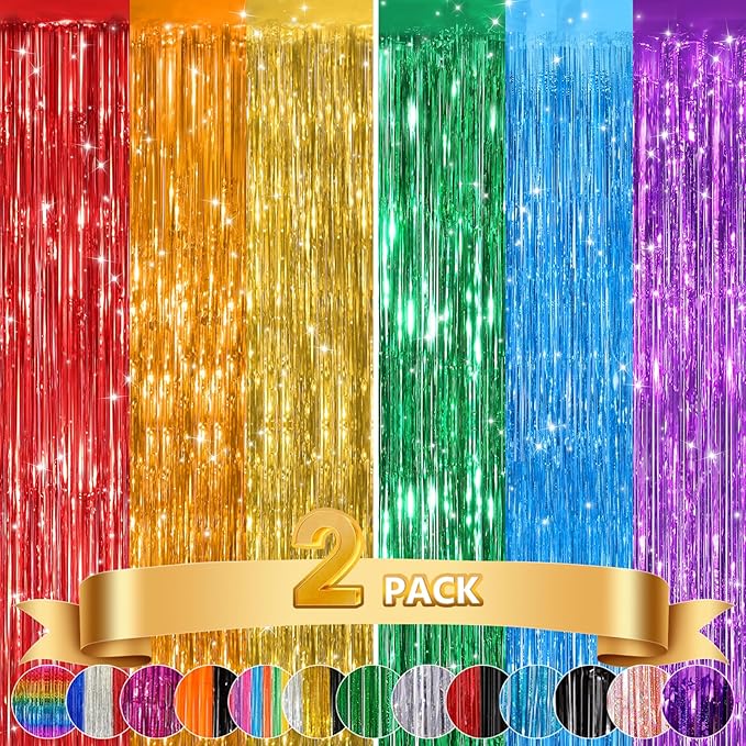 2Pack Rainbow Foil Fringe Curtains Backdrop Decorations, Rainbow Metallic Tinsel Foil Streamers Curtain Photo Booth Background for Birthday Wedding Engagement Bridal Shower Unicorn Party Decorations