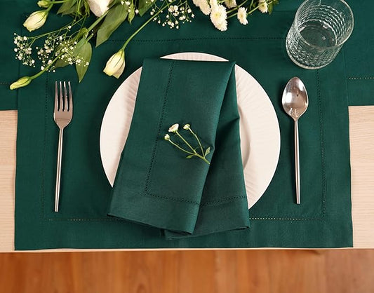 100% Pure Linen Green Placemats 14 x 19 Inch - Hemstitch Christmas Placemats Set of 4 – Elegant Cloth Fabric Table Mats for Winter, Thanksgiving & New Year Décor – Elara Collection