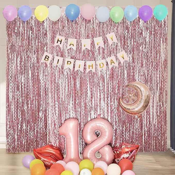 4 Pack 3.3x6.6ft Pink Tinsel Curtain Party Backdrop - Wavy Foil Fringe Curtain Party Streamers for Girl Princess Bachelorette Disco Party Decorations