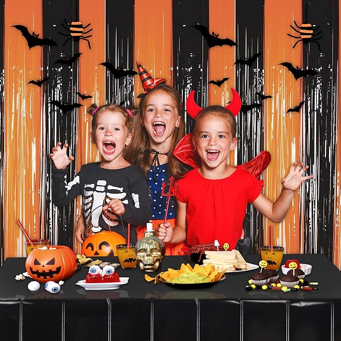 Melsan Halloween Decorations Tinsel Backdrop Foil Fringe Curtains, 3.2 ft x 8.2 ft Black Orange Metallic Foil Curtains for Halloween Party Photo Booth Props Decorations, 2 Pack
