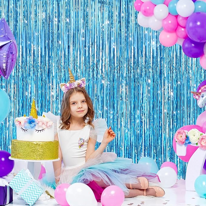 2 Pack Light Blue Metallic Tinsel Foil Fringe Curtains, Door Streamers Photo Booth Backdrop for Birthday Party, Tinsel Curtain Backdrop for Baby Shower Bachelorette Christmas Party Decorations