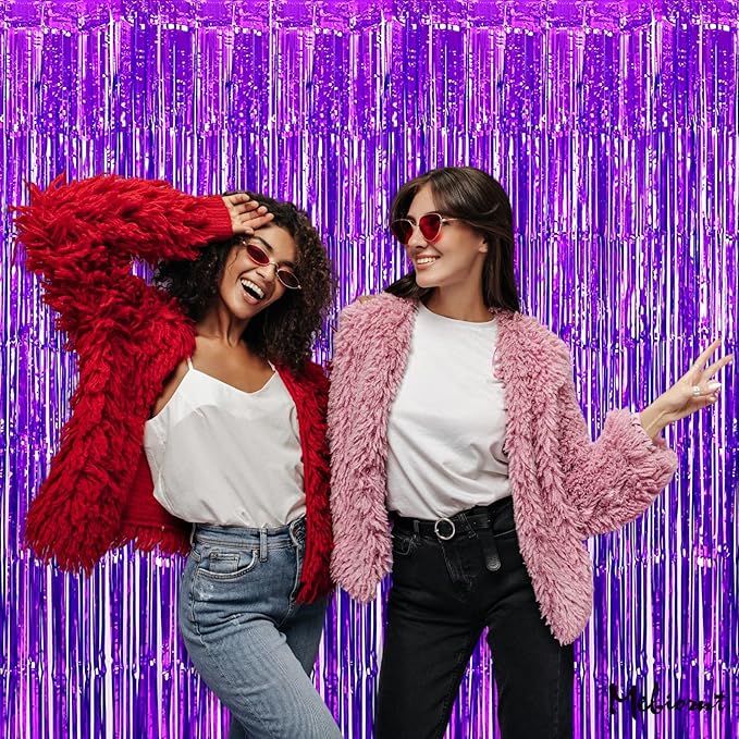 4 Pack Purple Fringe Curtain Backdrop, 3.2Ft x 6.6Ft Metallic Tinsel Foil Fringe Streamers Curtains Background for Photo Booth Birthday Wedding Baby Shower Party Thanksgiving Christmas Decorations