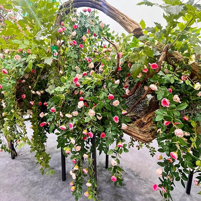 6FT Bendable Rose Vine Hanging Flower Garland Fake Floral Garland with Butterflies for Wall Decor Trellis Fence Home Room Decoration (Pink, 2pcs)