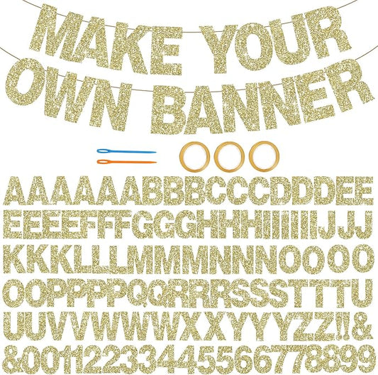 BEISHIDA 116 PCS A-Z Glitter Champagne DIY Letter Banner Kit Make Your Own Banner，Including 111 Letters and Numbers 3 Rope and 2 Threading Device,Customized for Birthday Graduation Wedding Party Decor