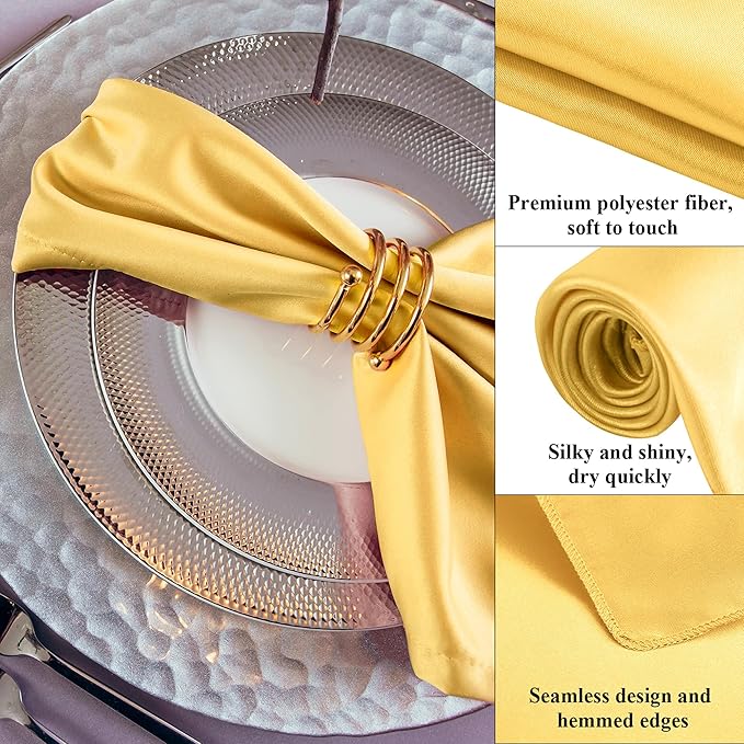 Aneco 12 Pieces Satin Napkin Square 20 x 20 Inches Dinner Napkins Weddings Party Napkin Soft Table Napkins for Romantic Weddings Party Dinner Decoration (Gold)