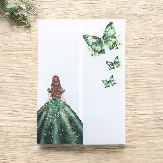 PONATIA 50 PCS Vellum Jackets for 5x7 Invitations - Vellum Paper 5x7 Jackets - 135GSM Emeral Green Girl - Butterfly Quinceanera Invitations Wraps (Emerald Green Girl)