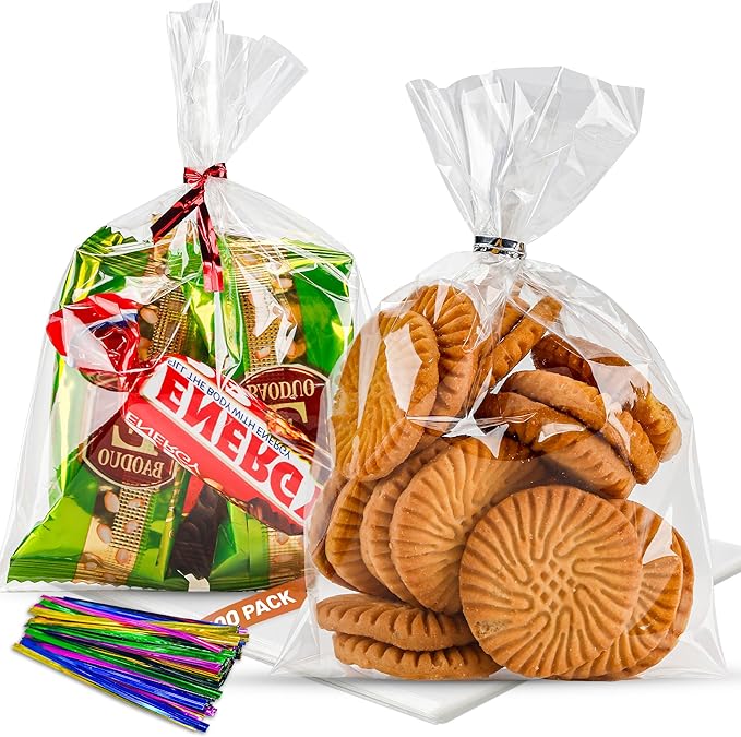 NPLUX 100 Pack Cellophane Bags Small Plastic Cookie Bag Clear Treat Bags with Twist Ties for Small Gift Party Favors, Bakery, Candy, Popcorn(4×6In)