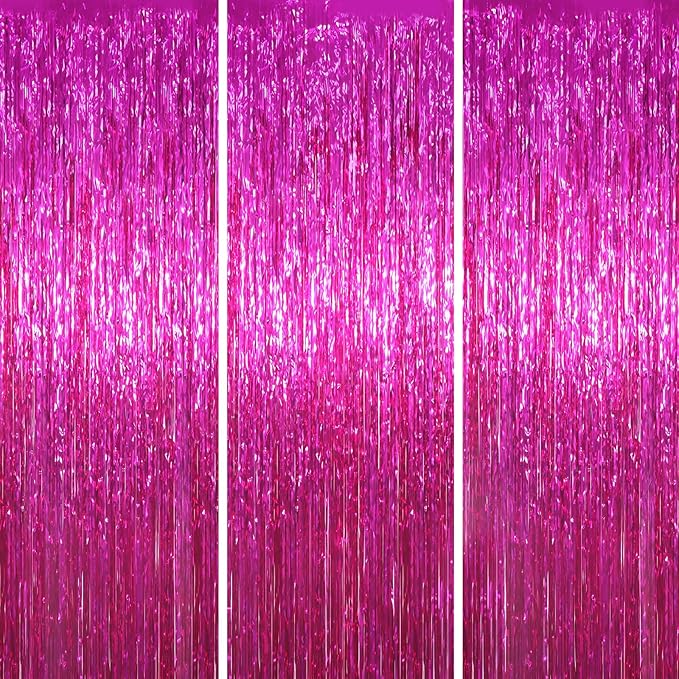 3 Pack 3.3x8.2 Feet Pink Foil Fringe Backdrop Curtains, Tinsel Streamers Birthday Party Decorations, Fringe Backdrop for Graduation, Baby Shower, Gender Reveal, Disco Party