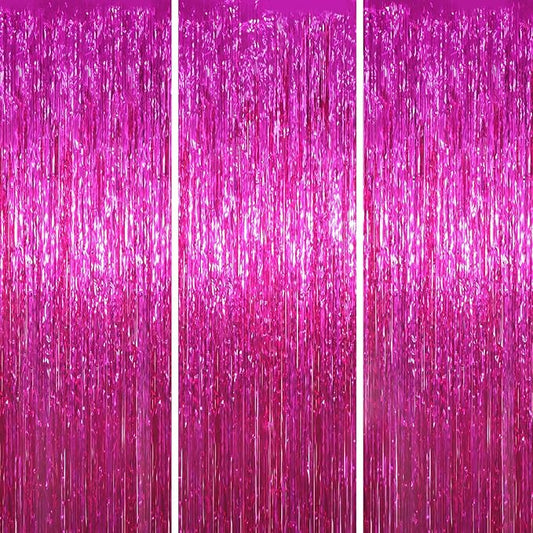 3 Pack 3.3x8.2 Feet Pink Foil Fringe Backdrop Curtains, Tinsel Streamers Birthday Party Decorations, Fringe Backdrop for Graduation, Baby Shower, Gender Reveal, Disco Party