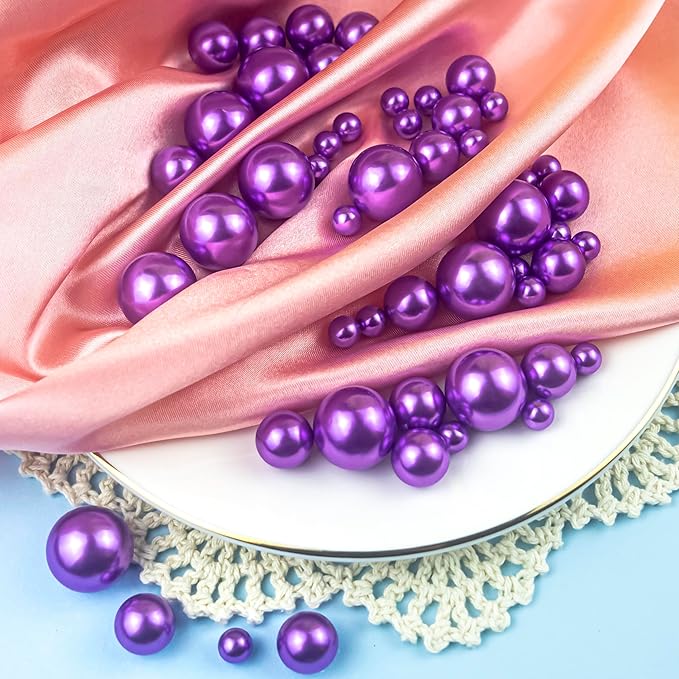 300Pcs Purple Polished No Hole Faux Pearl Beads for Vase Filling Decorations, Plastic Pearls Vase Fillers, Table Scatters, Wedding Centerpiece, Home Decor, 8/14/20 mm