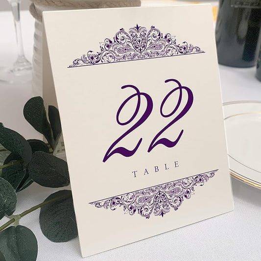 Paisley Wedding Table Numbers (Select Color/Quantity), Champagne, Eggplant, 1-15, Double Sided, Tent or Use in a Stand, Great for Parties & Restaurants - Made in the USA
