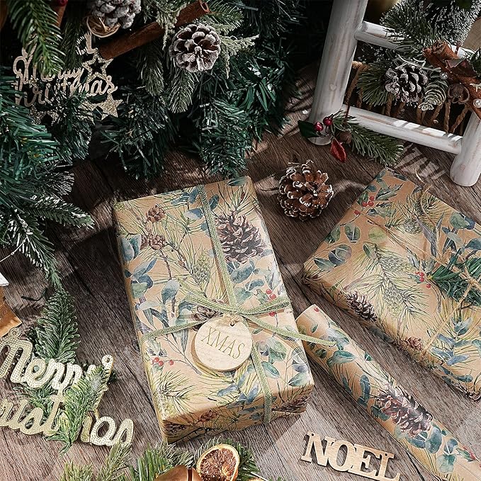 RUSPEPA Kraft Christmas Wrapping Paper Roll, Mini Roll, Watercolor Pinecone and Eucalyptus Leaf Design, Kraft Gift Wrap for Christmas, Winter Holiday Party, Rustic Natural Theme, 17 Inches x 16.4 Feet