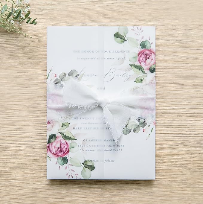 PONATIA 50 PCS Vellum Jackets for 5x7 Invitation Cards - Dusty Rose Flowers Vellum Sleeves, Transparent Gift Card Jackets