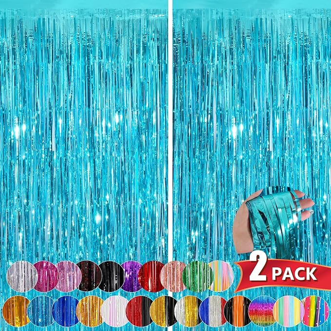 Sky Blue Metallic Tinsel Foil Fringe Curtain, 2 Pack 3.3x8.3 Feet Party Streamer for Birthday Party Decorations, Halloween Decor, Foil Curtain for Bachelorette Party