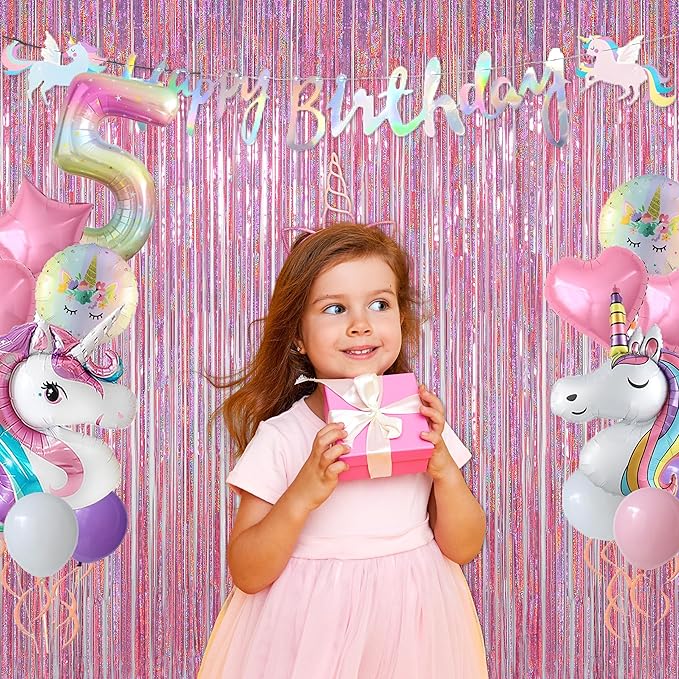 Melsan Pink Tinsel Curtains Backdrop, 3.2 ft x 8.2 ft Sparkle Metallic Foil Curtains for Unicorn Mermaid Princess Party Photo Background Decoration, 2 Pack