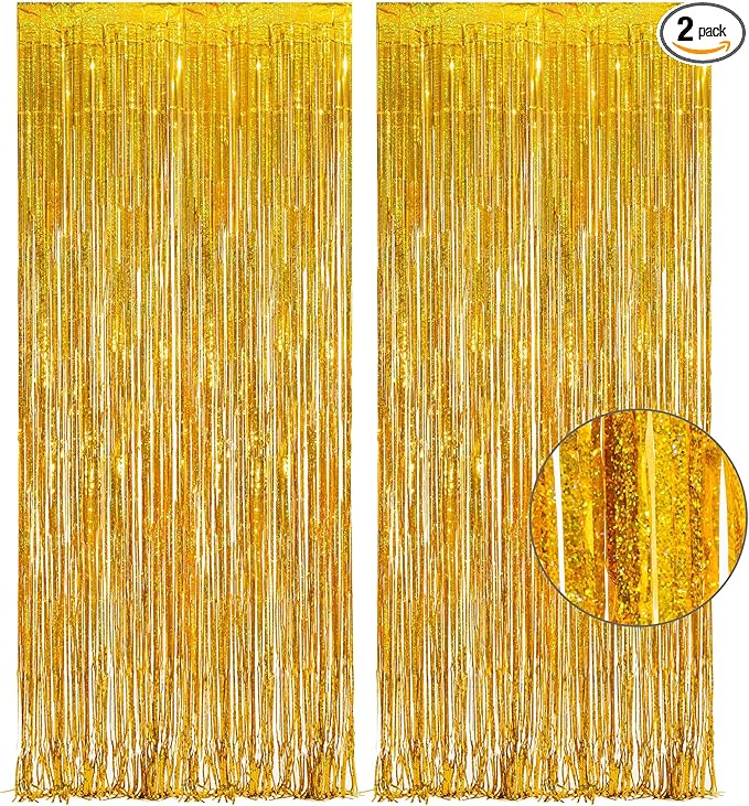 Gold Fringe Curtain Tinsel Backdrop - GREATRIL Foil Fringe Curtain Party Streamers for Prom 2026 NYE New Years Eve Birthdays Christmas Theme Party Decorations Pack of 2