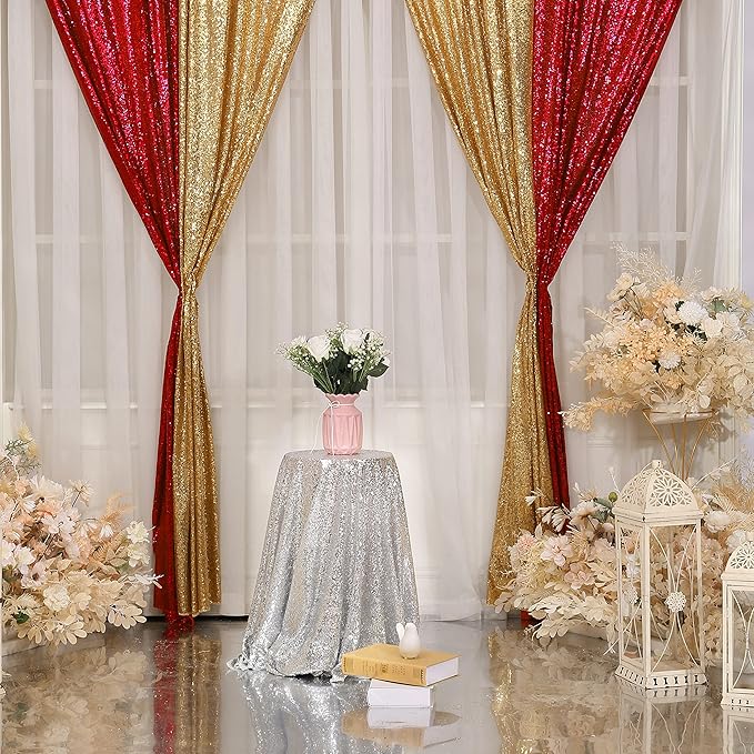 Poise3EHome 2Pcs 3Ft x 8Ft Red Sequin Backdrop Curtain for Birthday Party Baby Shower Wedding Christmas Thanksgiving Holiday Festival Decor
